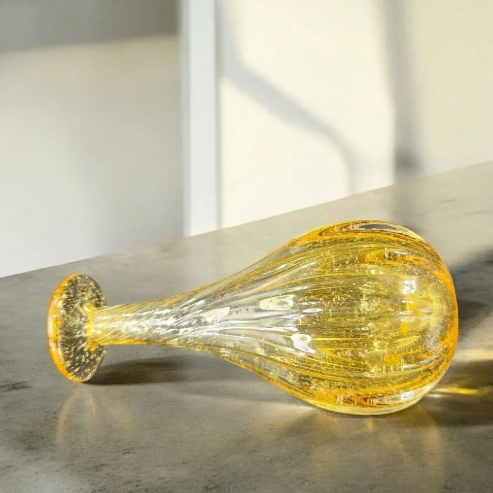 Art Glass Vase Yellow With Twisted Top Small Air Bubbles All Over Glass Vase VTG
